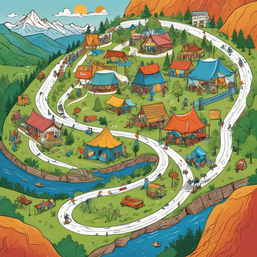 A colorful, intricate map showcasing various funding sources for events, illustrated with signs and symbols representing different types of funding like grants, sponsorships, and crowdfunding. The landscape features winding paths, bridges, and hills, guiding potential event planners through a vibrant journey. Include icons of event elements like tents, stages, and people celebrating along the routes. The style should be a blend of whimsical and informative, resembling a detailed hand-drawn illustration. vibrant colors. whimsical style. detailed illustration.