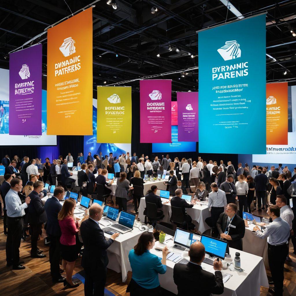 A bustling event scene showcasing diverse professionals collaborating, exchanging ideas, and discussing strategies, with vibrant banners promoting dynamic partnerships in the background. Incorporate a variety of event marketing materials like brochures and digital screens. The atmosphere should feel energetic and inspiring, blending in elements of teamwork and innovation. super-realistic. vibrant colors. dynamic composition.